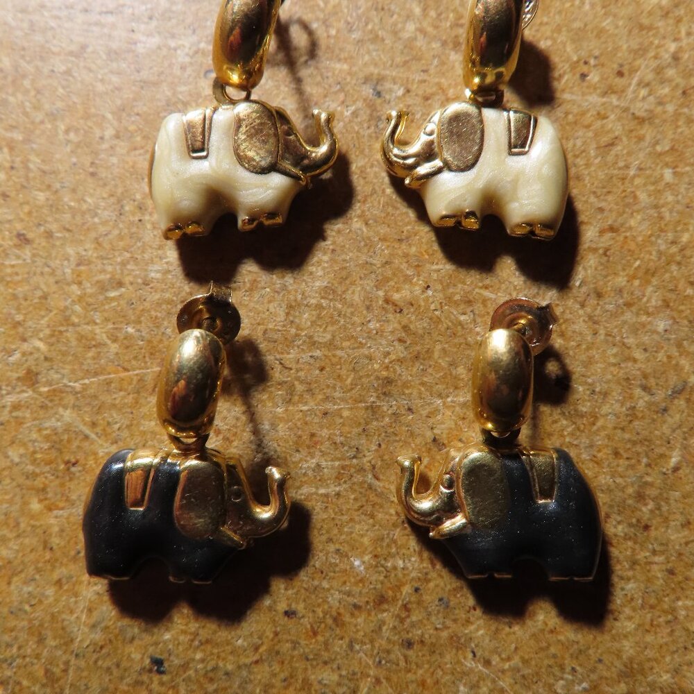 2 Sets of Gold Plated & Stone Elephant Post Earrings